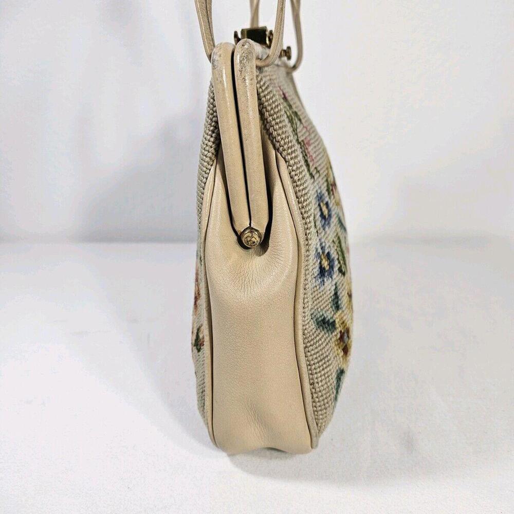 Vintage 1950's Mid Century Needlepoint Floral Purse Handbag Pocket Beige - Picture 7 of 13